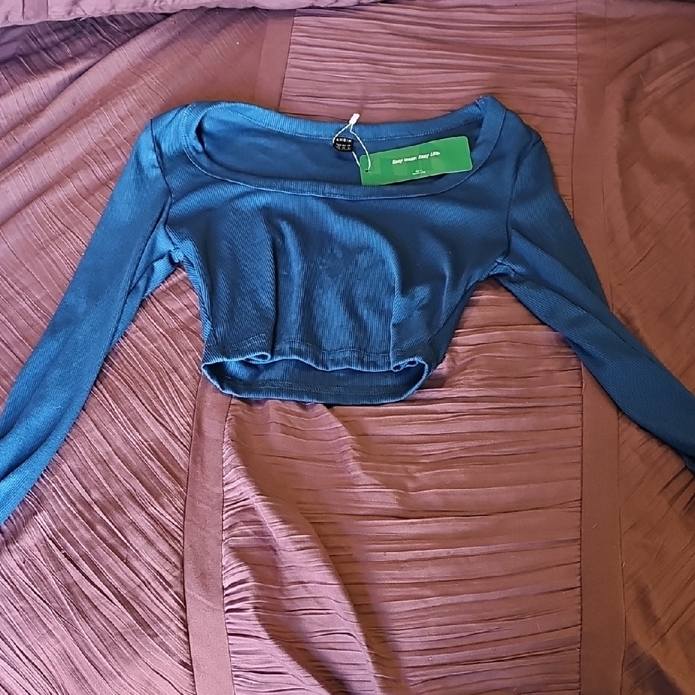 SHEIN Teal Long Sleeve Ribbed Crop Top